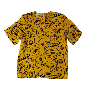 Vtg Kira Nevins Yellow Graphic Tee Sz 8 Rayon Art to Wear Statement Print 90s